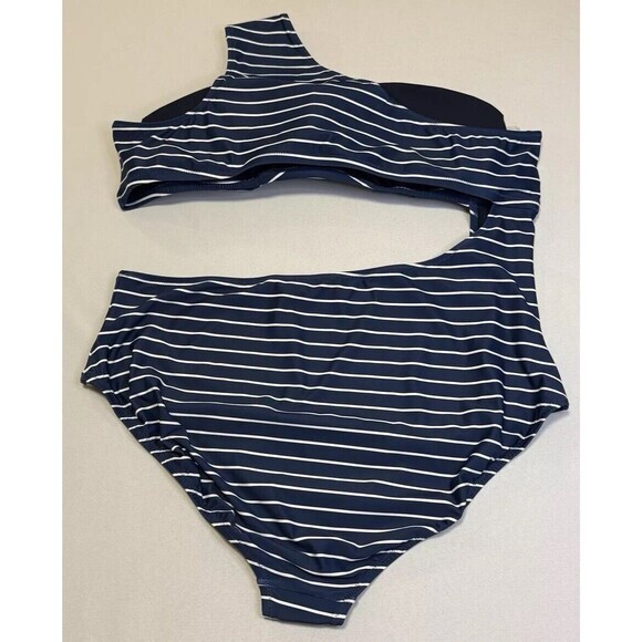 NWT J Crew Cutout One Shoulder One Piece Swimsuit Navy Blue White Stripe Swim 24 - Picture 3 of 15